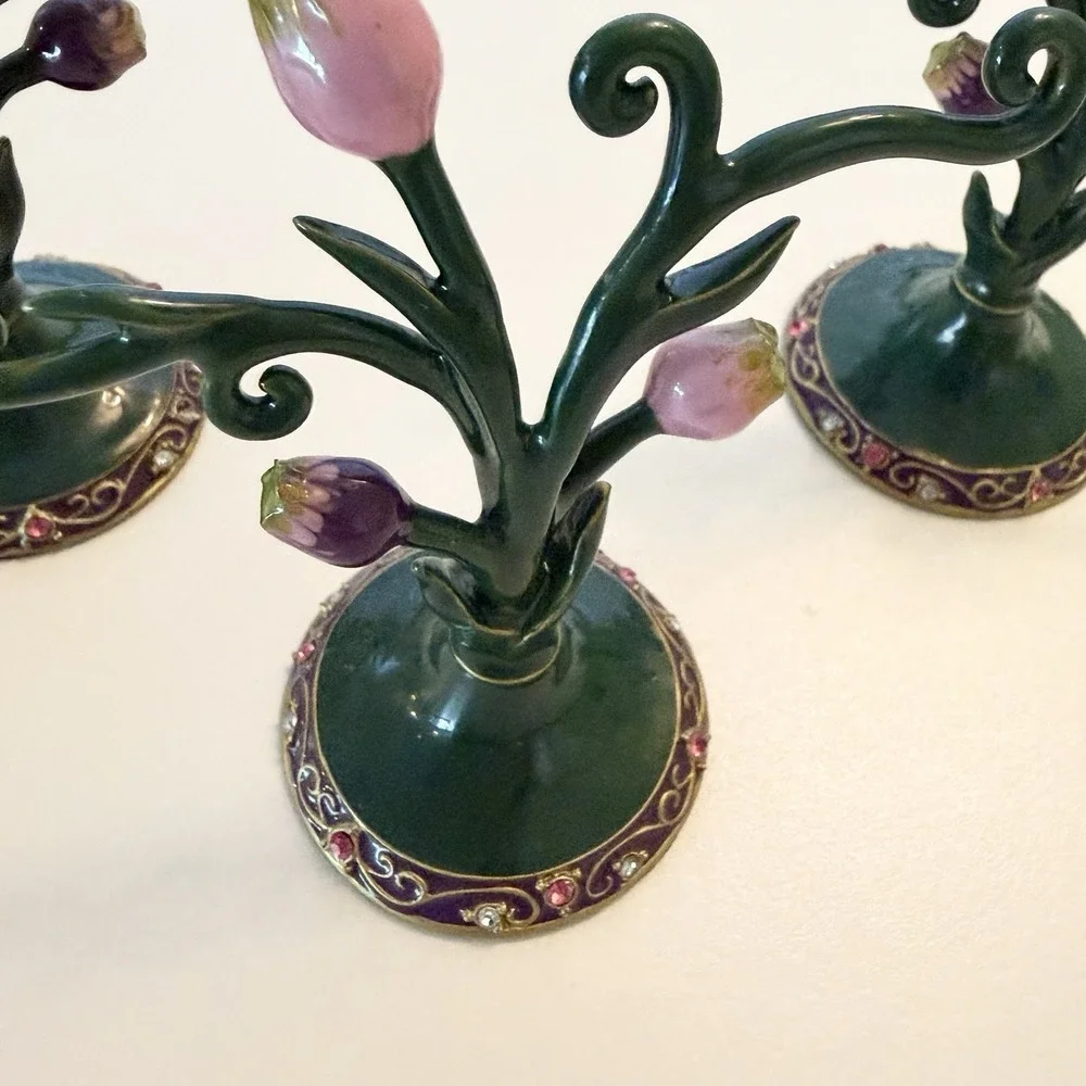 3 Rose Tree Enameled Metal‎ & Rhinestone Jewelry Earring Mini Display Stand Set
